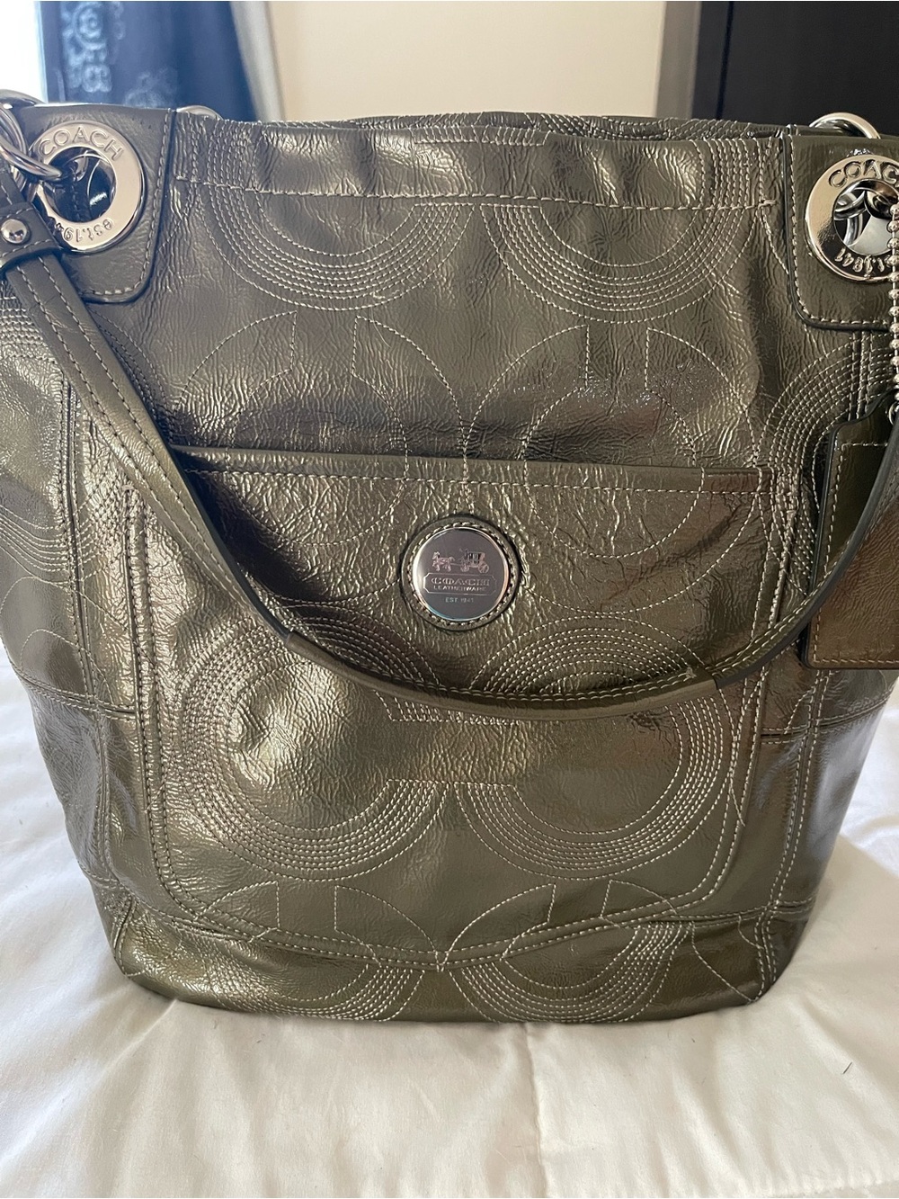 Coach Metallic Olive Green Leather Tote